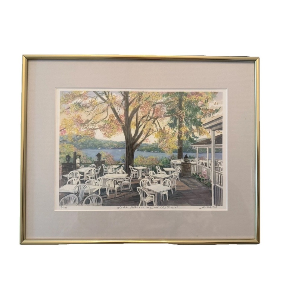 Signed Art Favorite Places Marilyn Davis Watercolor New England Lake Waramaug CT